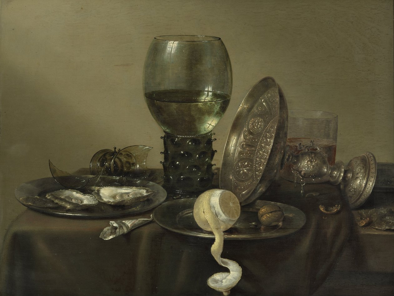 Naturaleza muerta con ostras, un vaso, un limón y un cuenco de plata de Willem Claesz. Heda