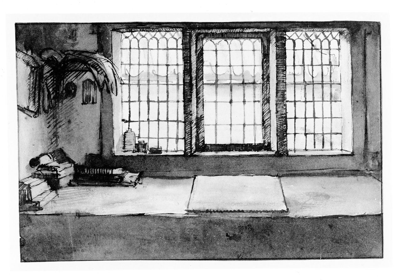 Mesa de trabajo del artista en la ventana con vista al río, c.1650 de Willem Drost