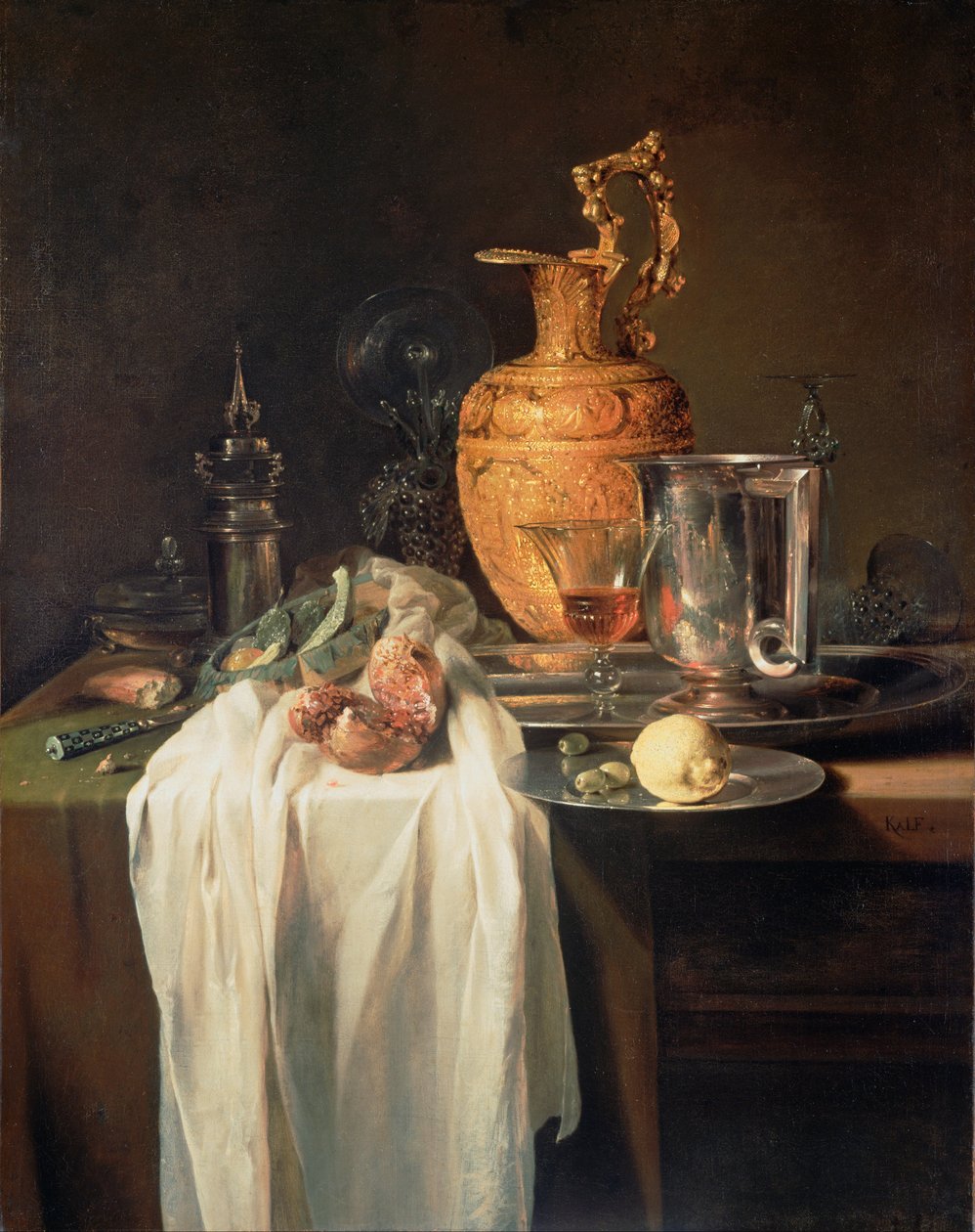 Naturaleza muerta con jarra, recipientes y granada de Willem Kalf