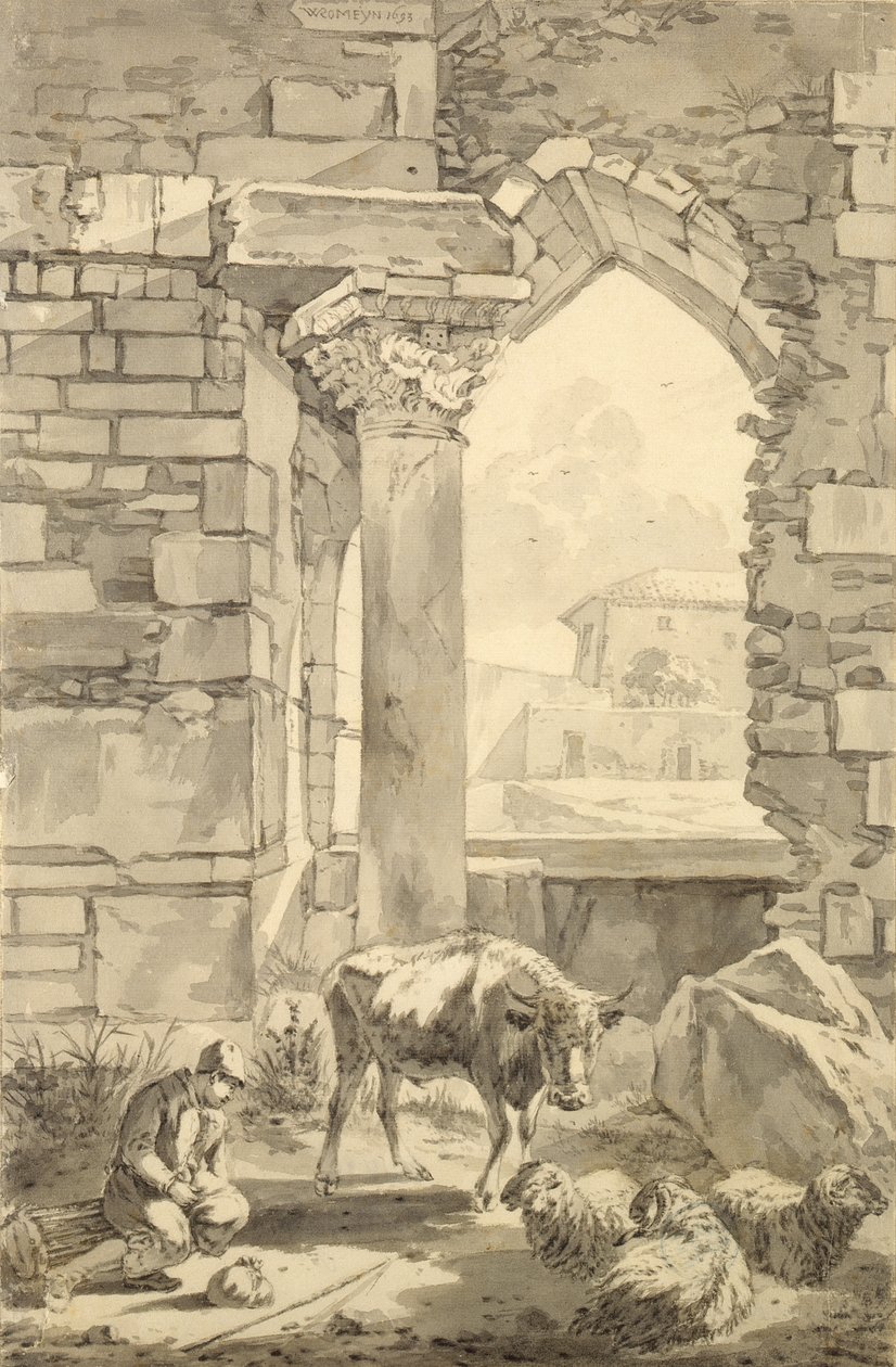 Pastor con una vaca y ovejas en una ruina, 1693 de Willem Romeyn