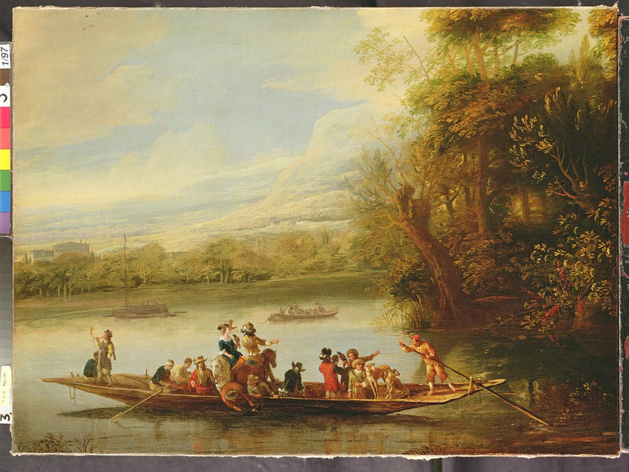 Un paisaje con un ferry lleno de gente cruzando el agua en primer plano de Willem Schellinks