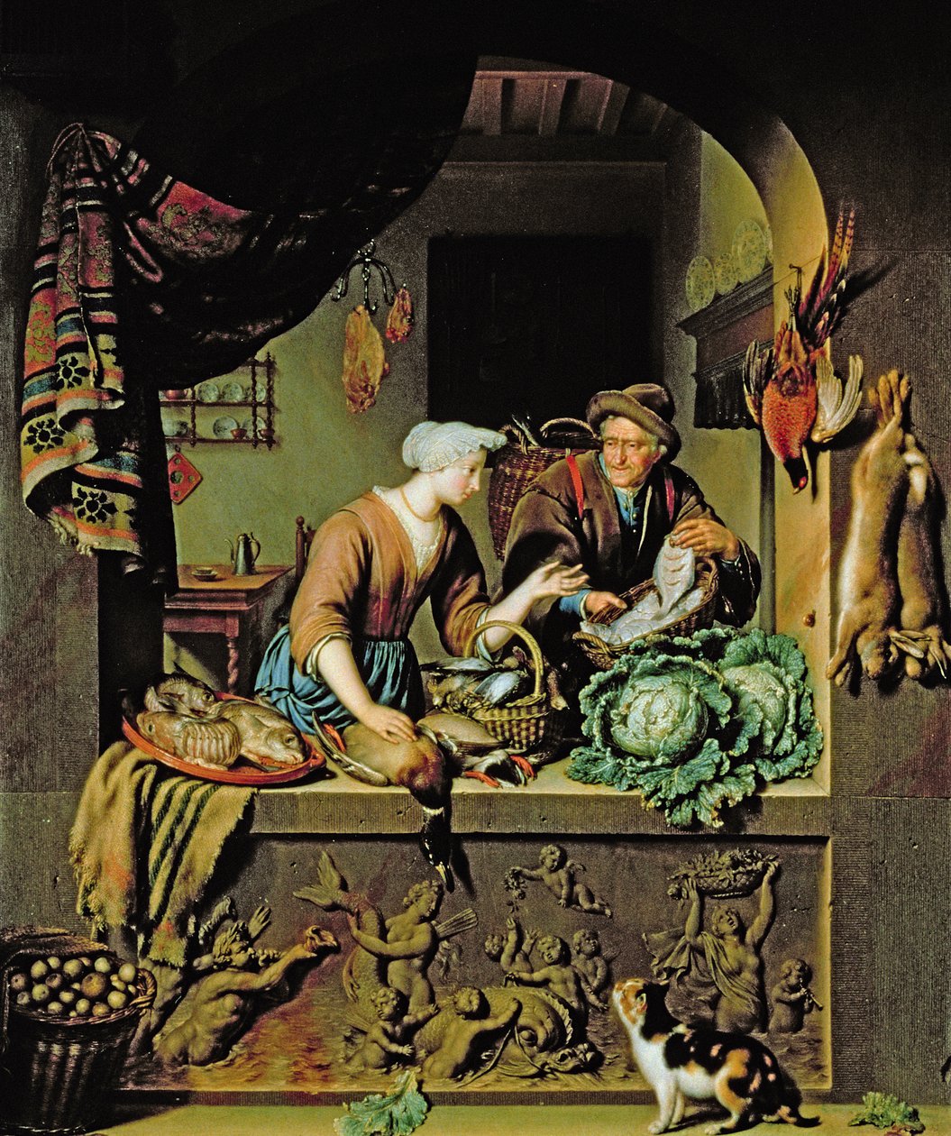 Una mujer y un vendedor de pescado, 1713 de Willem Van Mieris