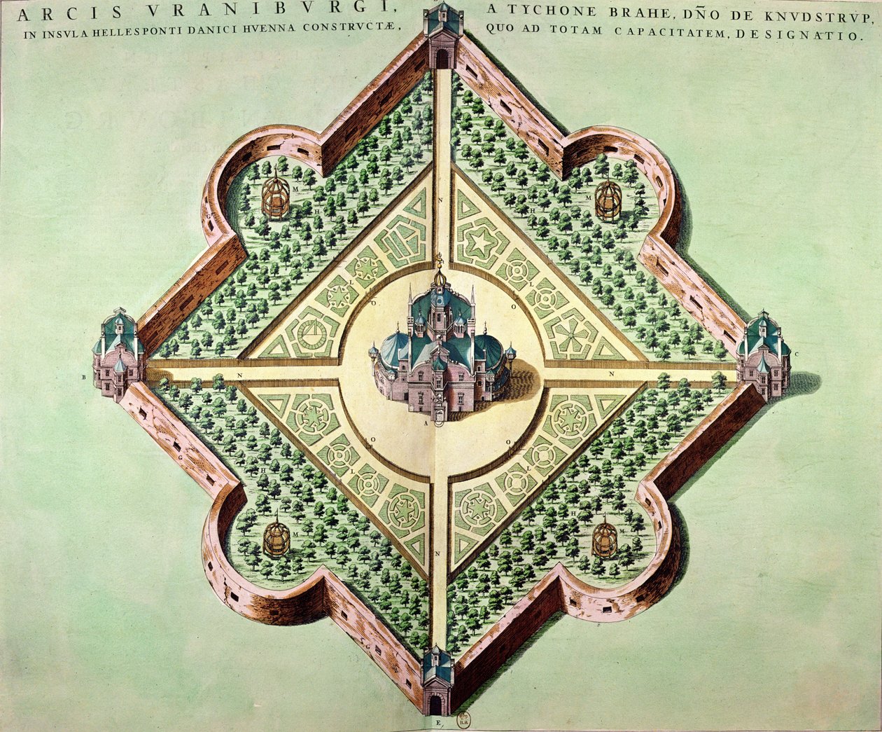 Plano del castillo y observatorio de Uraniborg, construido c.1584 por Tycho Brahe (1546-1601) en la isla de Hven, Dinamarca de 