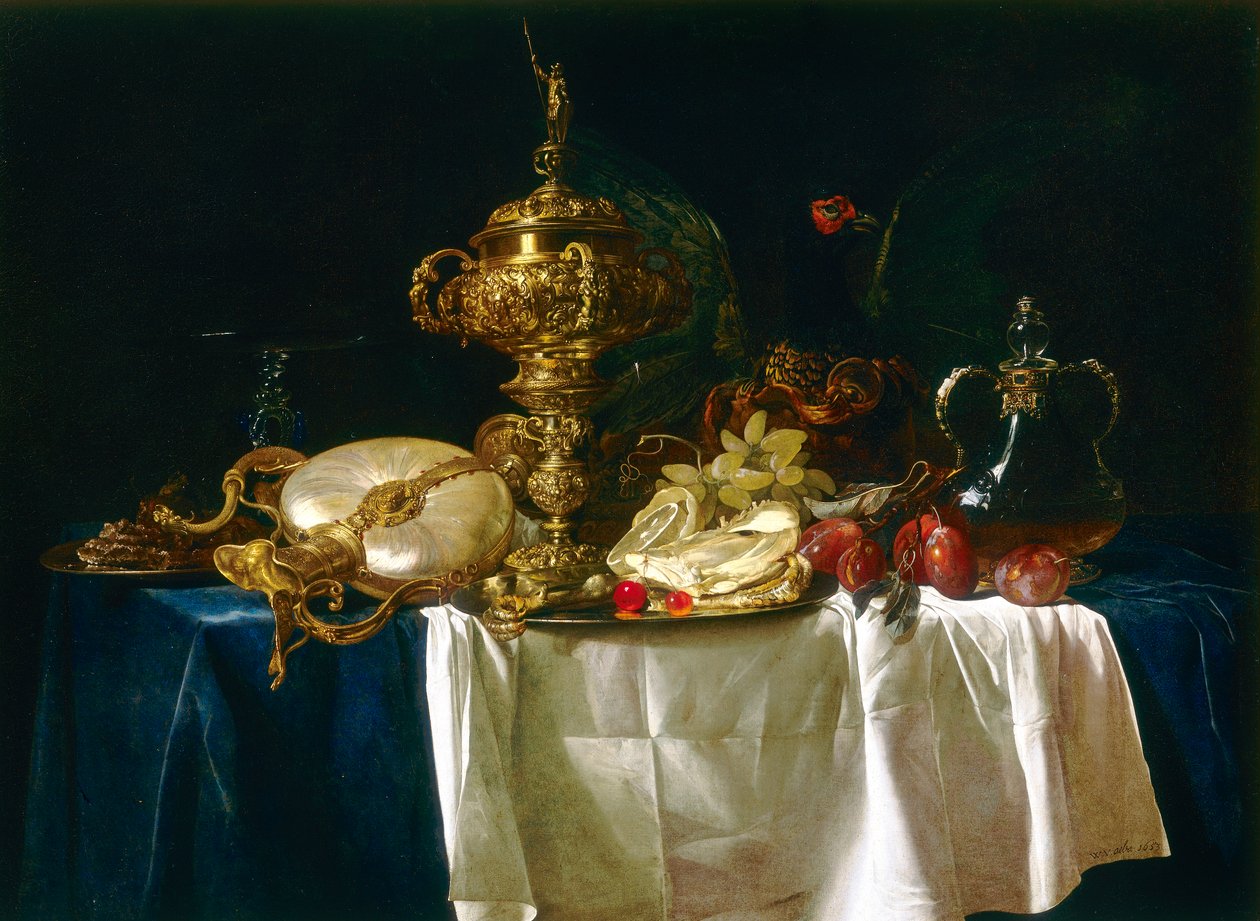 Naturaleza muerta de jarrones y frutas de Willem van Aelst