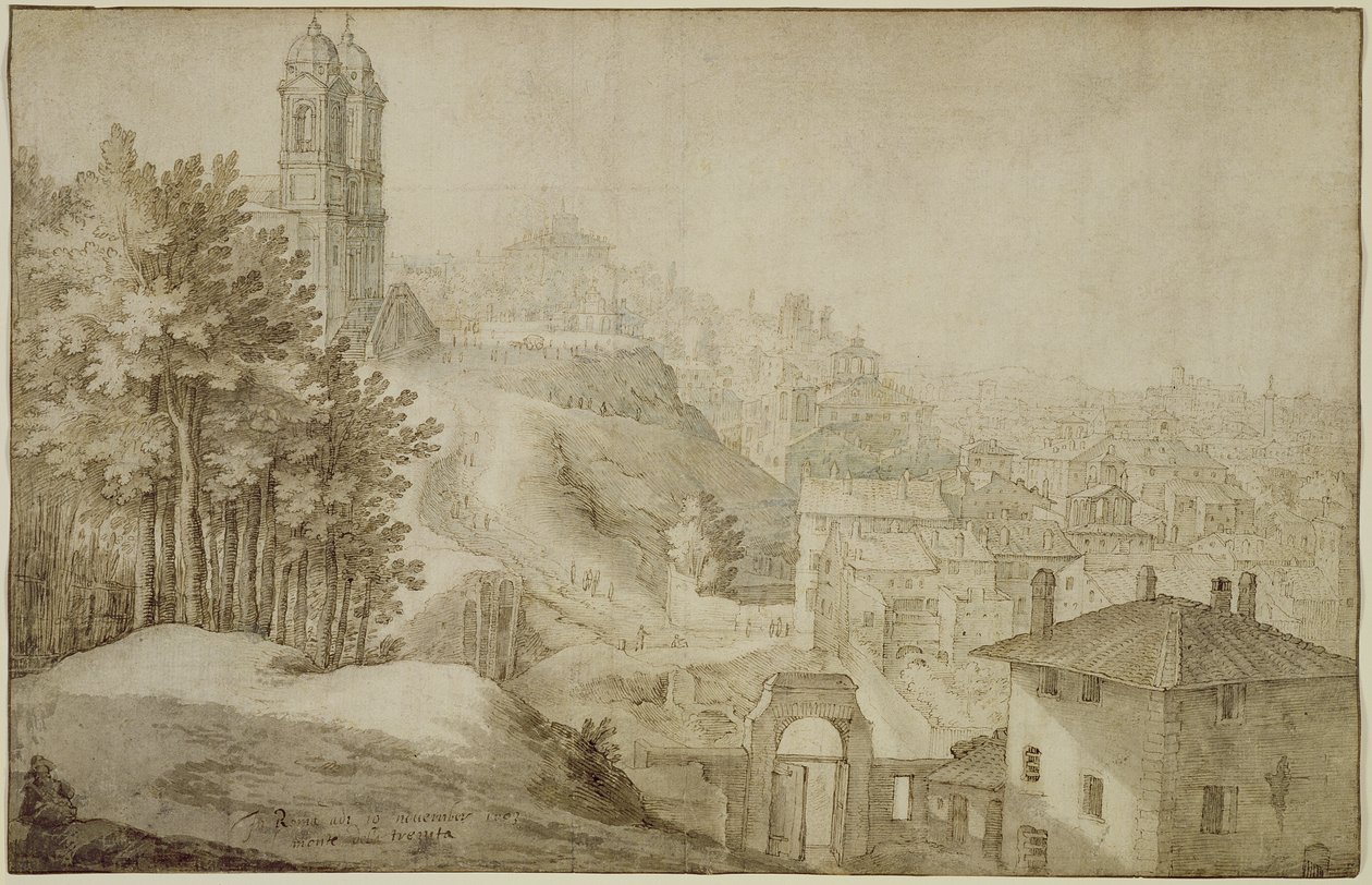 Vista de Trinita dei Monti, Roma, 1603 (pluma y tinta con lavado) de Willem van Nieulandt