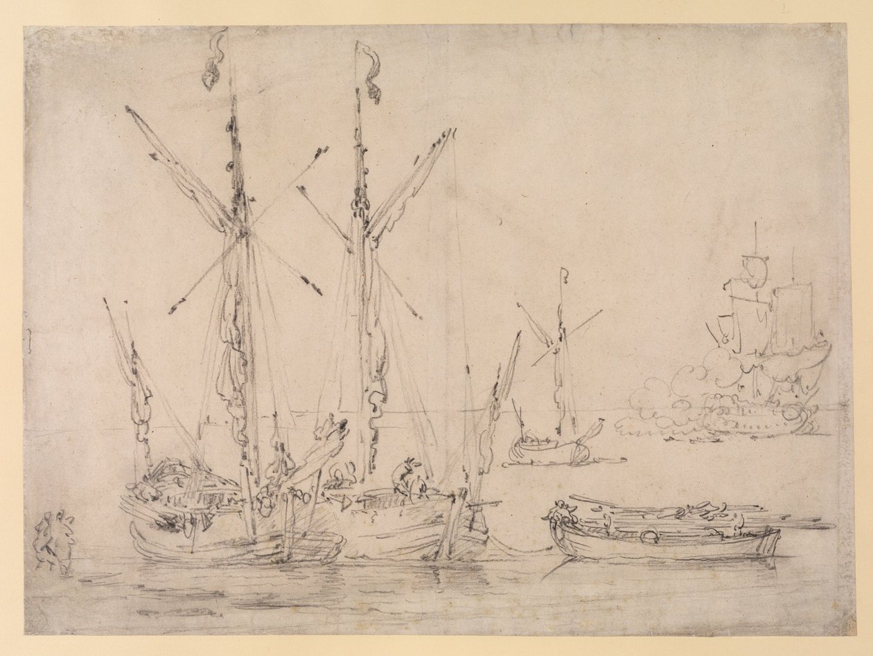 Escena de estuario: tres galiotas, una barcaza y una fragata disparando un saludo, c.1675 de Willem van de Velde