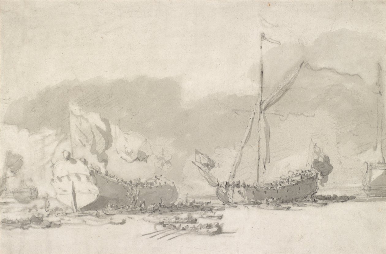 El lanzamiento de un buque de guerra de una sola cubierta con un yate real en asistencia de Willem van de Velde