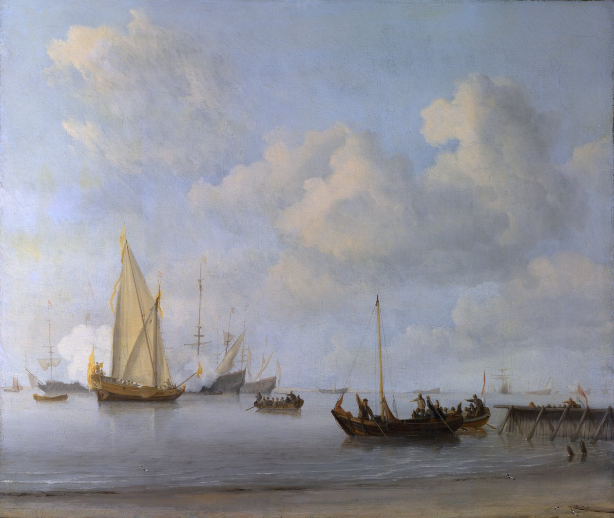 Botes remando hacia un yate en calma de Willem van de Velde the Younger