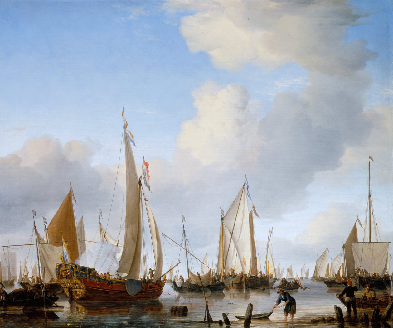 Calma- Un yate estatal bajo vela cerca de la costa con muchos otros barcos de Willem van de Velde the Younger