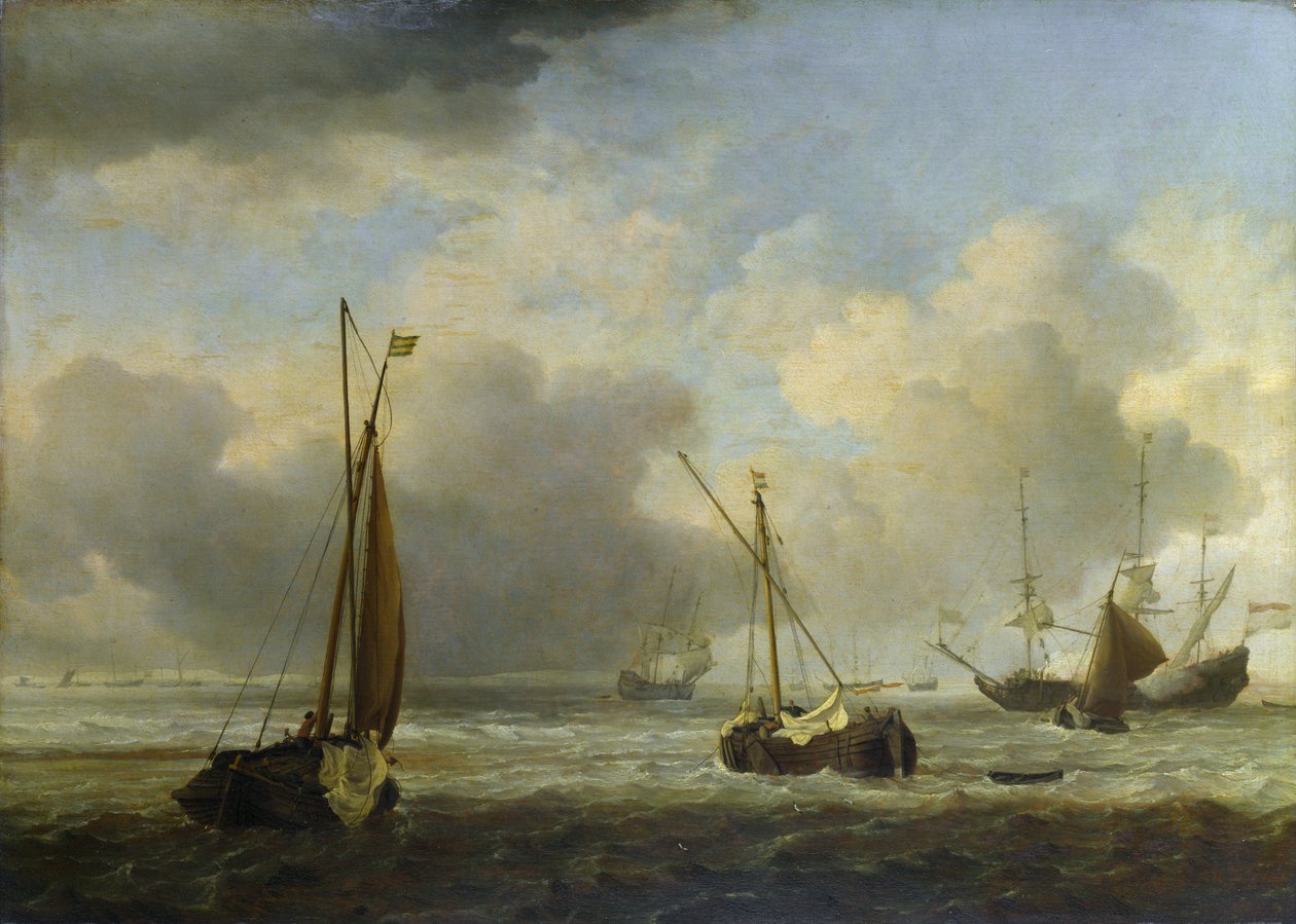 Barcos holandeses y pequeñas embarcaciones en alta mar con brisa de Willem van de Velde the Younger
