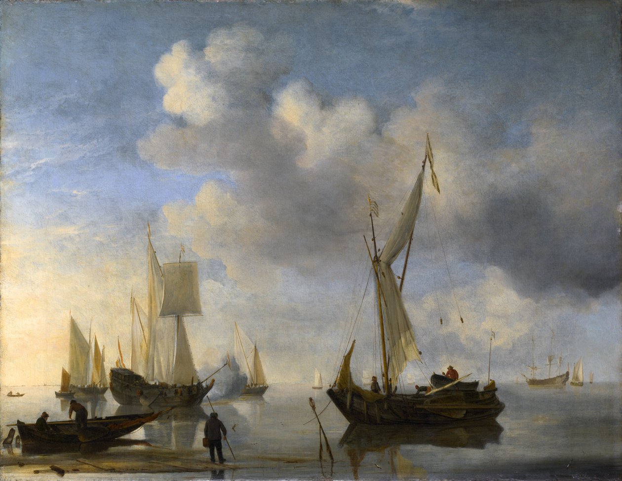 Barcos holandeses cerca de la costa en calma, uno saludando de Willem van de Velde the Younger