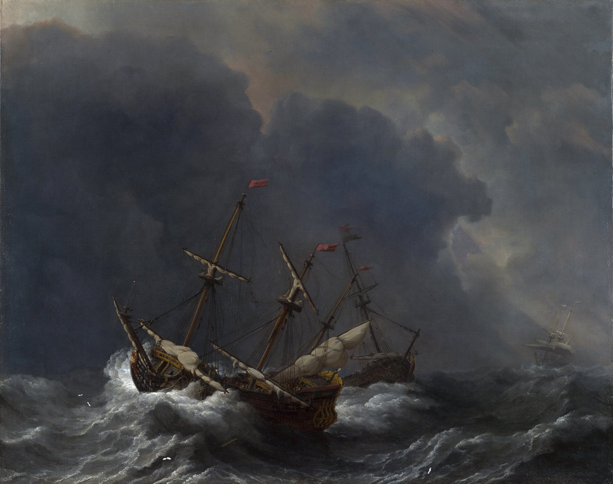 Tres barcos en una tormenta de Willem van de Velde the Younger