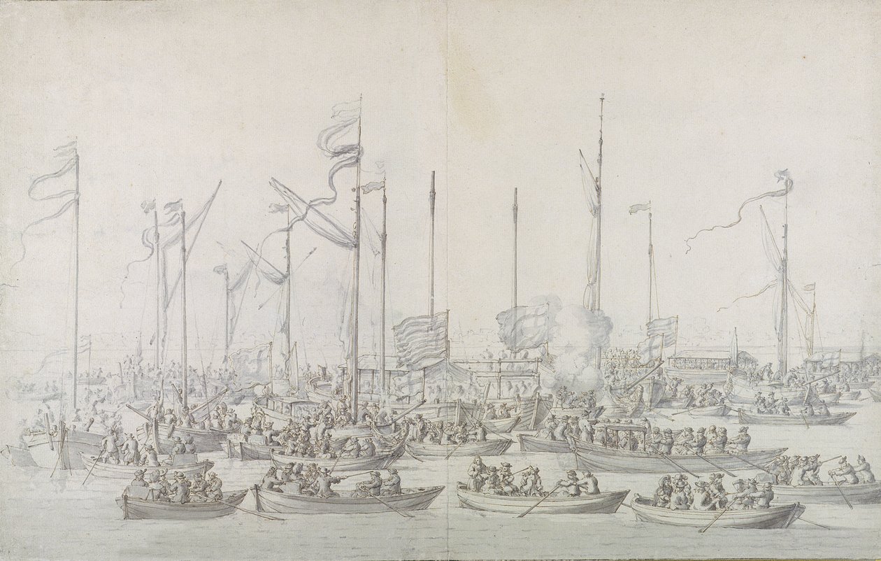 Celebración en el Támesis cerca de Whitehall, después de la coronación de Jacobo II de Willem van de Velde the Elder