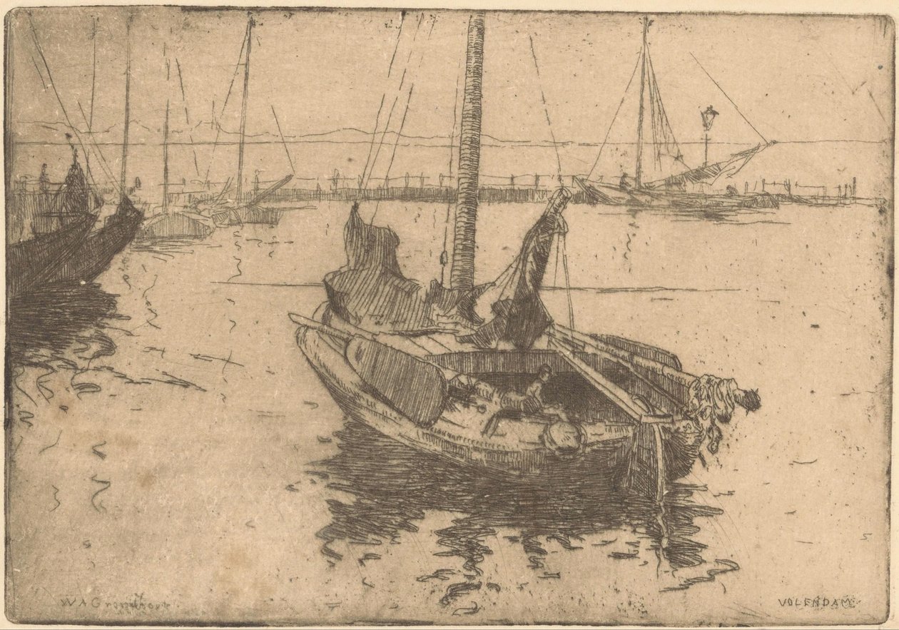 Barcazas en el puerto de Volendam de Willem Adrianus Grondhout (signed by artist)