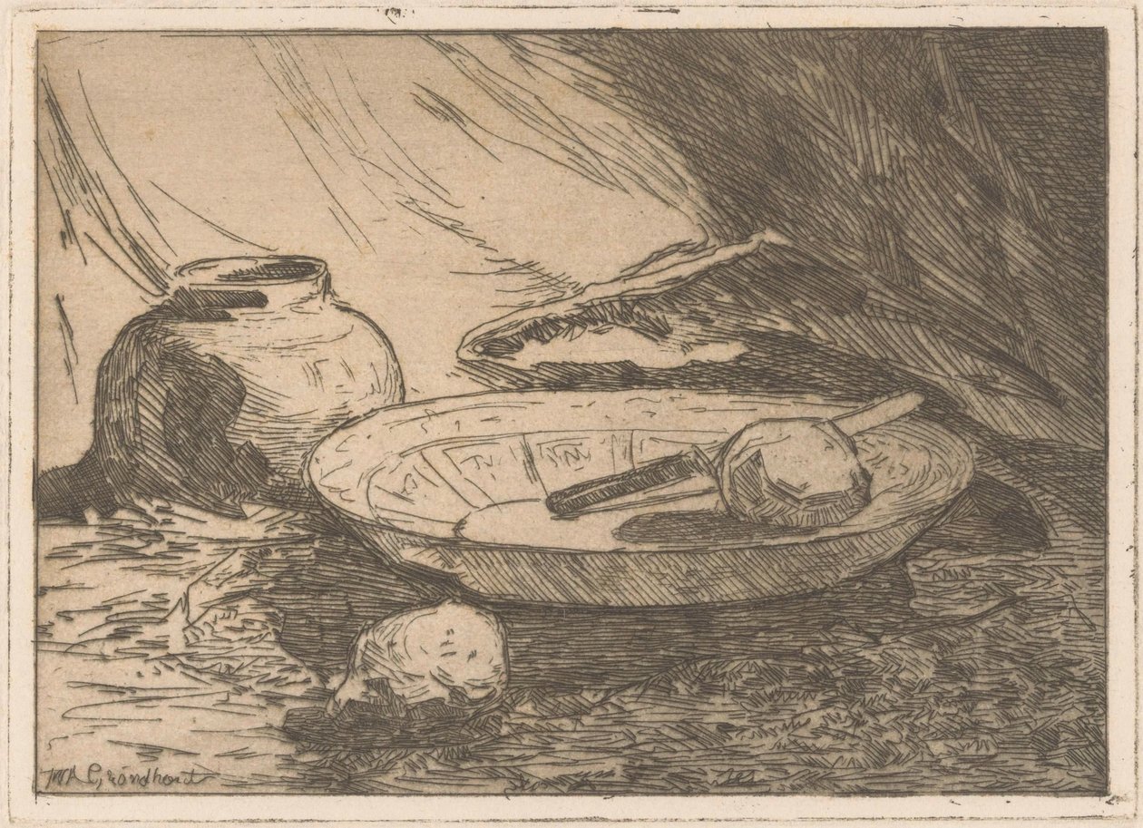 Bodegón con olla y cuenco de Willem Adrianus Grondhout (signed by artist)