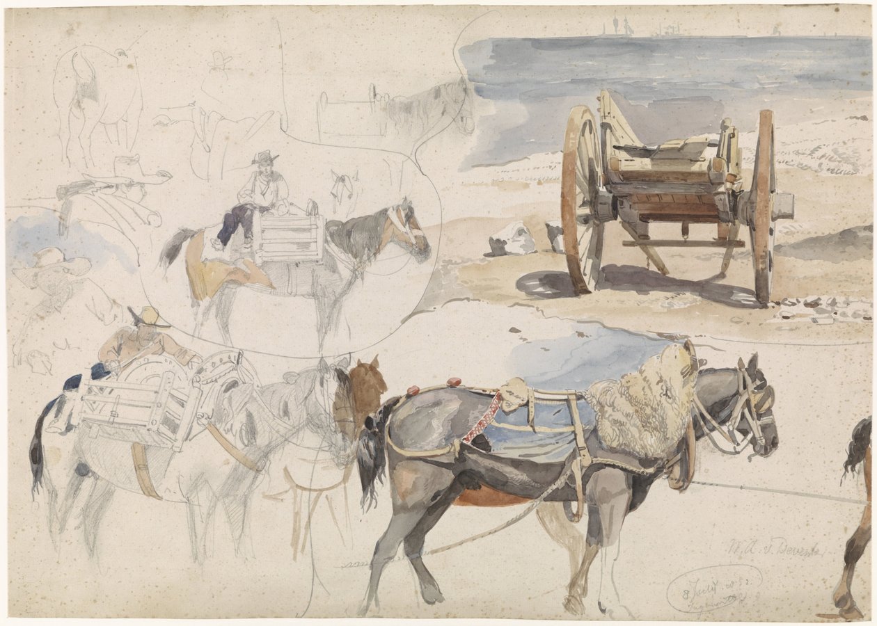 Hoja de estudio con carro de conchas en la playa y varios estudios de caballos de Willem Anthonie van Deventer