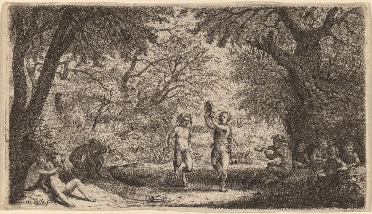 Bacanal con una pareja bailando en el centro de Willem Basse