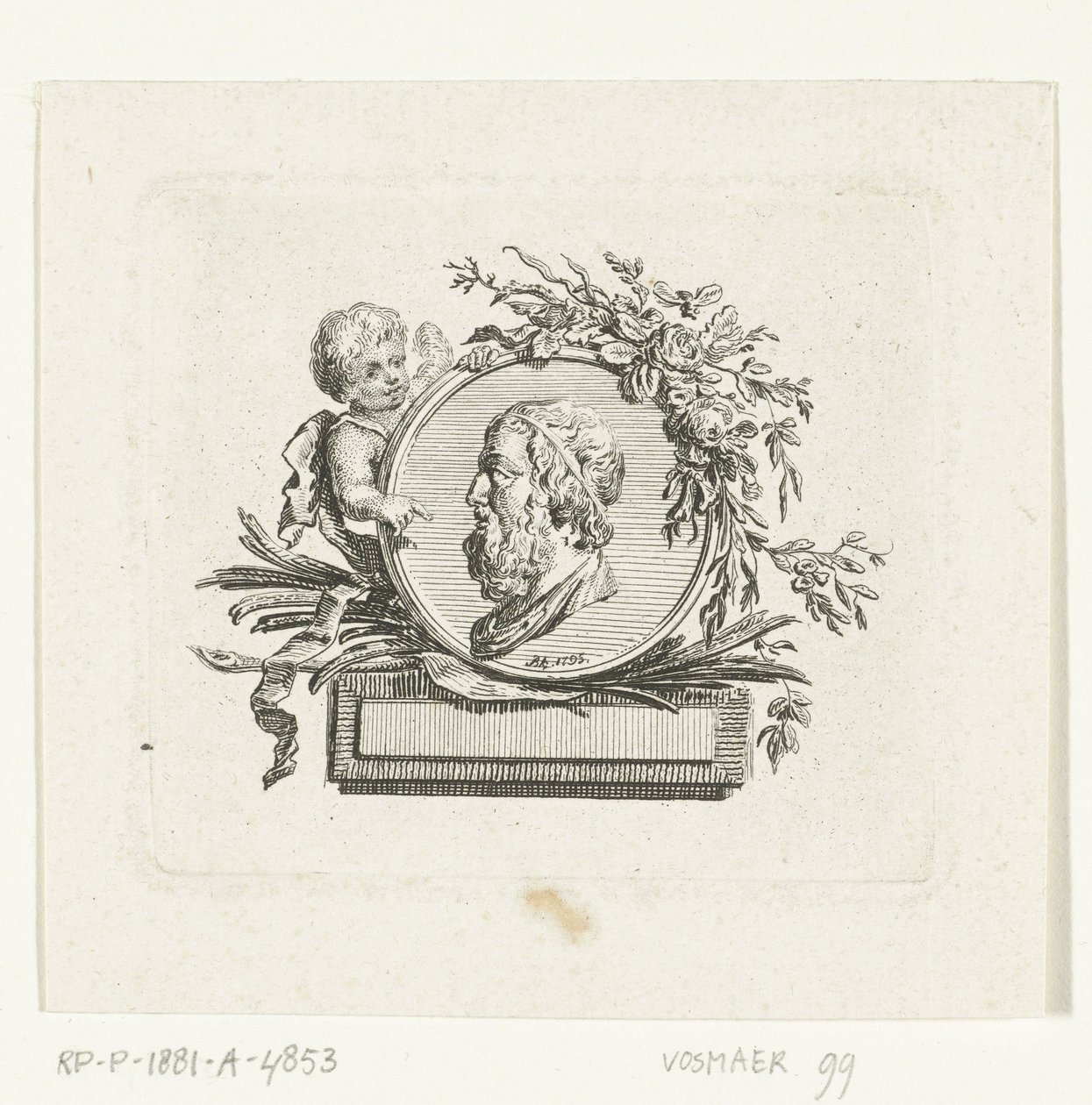 Busto de Homero sobre un medallón sostenido por un ángel y decorado con flores y ramas de palma. de Willem Bilderdijk