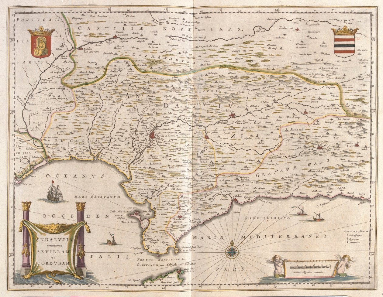 Andalucía y la ciudad de Sevilla, Estrecho de Gibraltar, en "Theatrum Orbis Terrarum, sive Atlas Novus" de Willem Blaeu, Amsterdam de Willem Blaeu