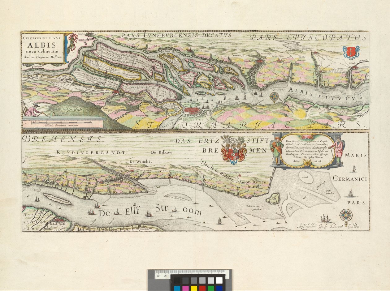 Celeberrimi Flvvii Albis nova delineatio : Viris Magnificis Amplißimis et Consultißimis Domis. Consulibus et Senatoribus, florentissimae Republicae Hamburgensis tabulam, hanc Provinciarum et Insularum Hamburgum Circumiacentium officiose dedicat / Auctore C de Willem Blaeu