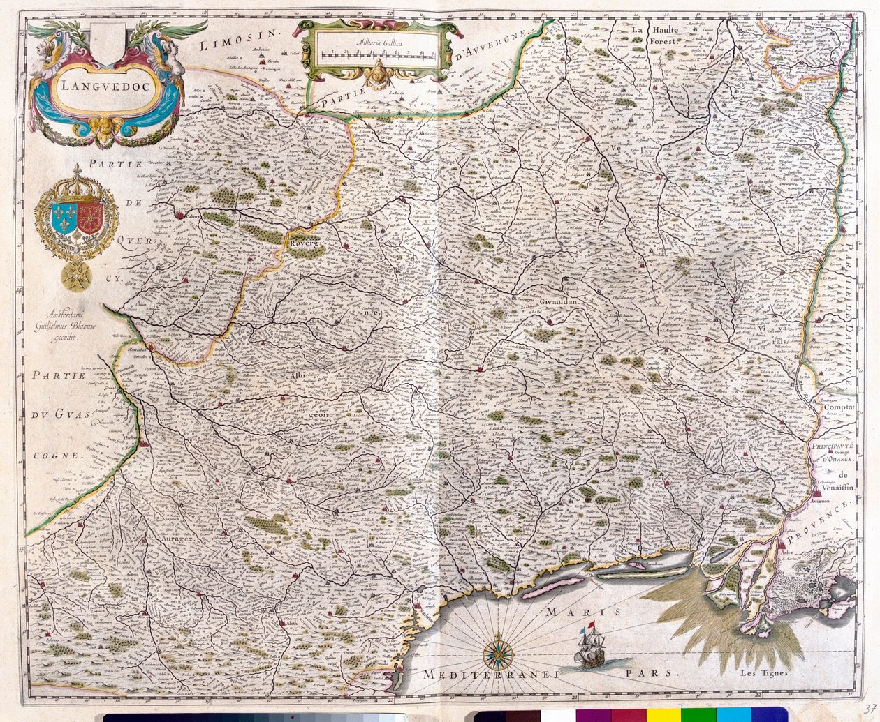 Mapa de Languedoc - Rosellón - Montpellier - Toulouse - Aviñón - Arlés, en "Theatrum Orbis Terrarum, sive Atlas Novus" de Willem Blaeu, Amsterdam. de Willem Blaeu