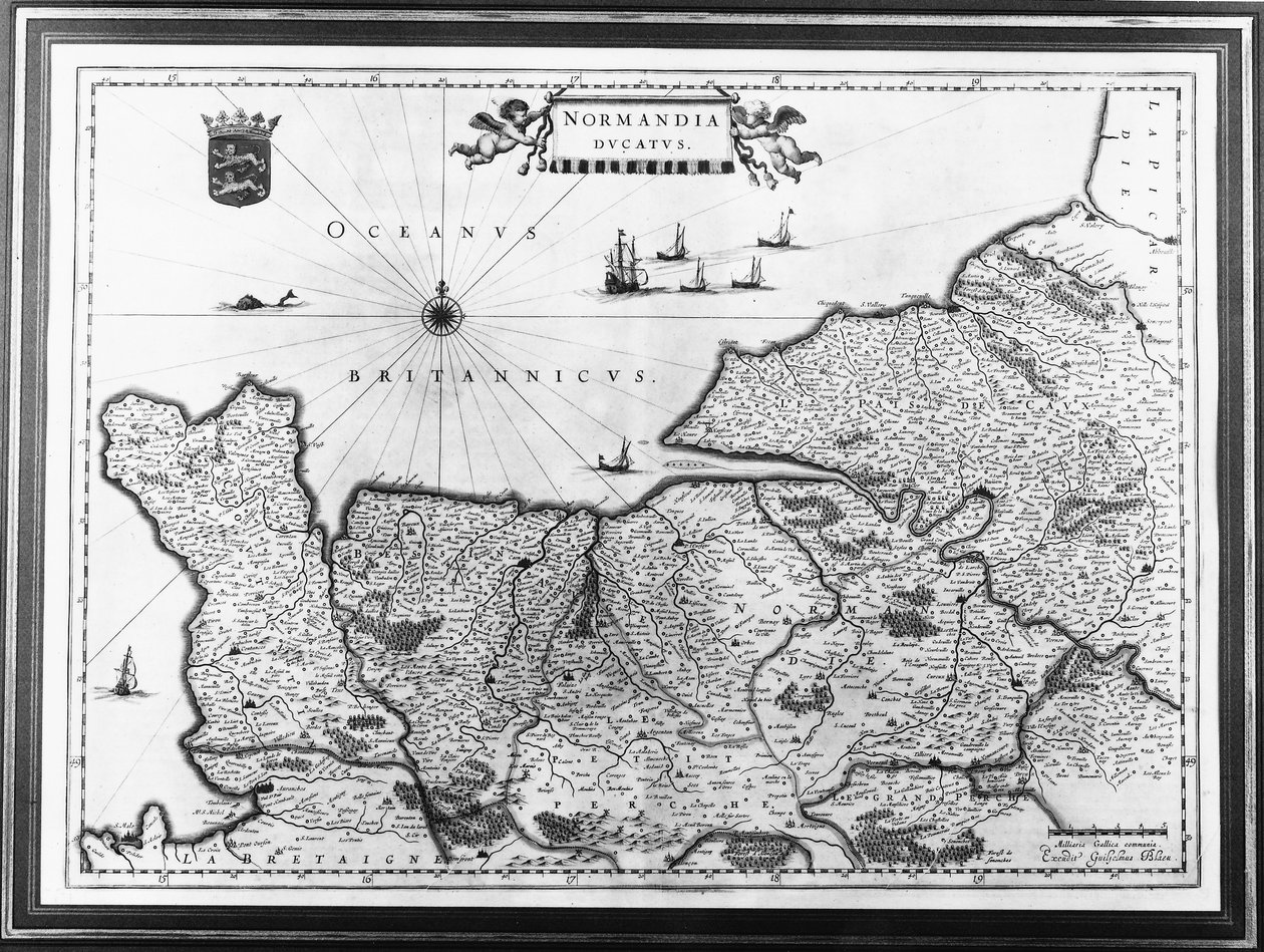 Mapa de Normandía después de una ilustración de Theatrum Orbis Terrarum sive Atlas Novus por Willem y Joan Blaeu, placa que representa Normandia Ducatus de Willem Blaeu