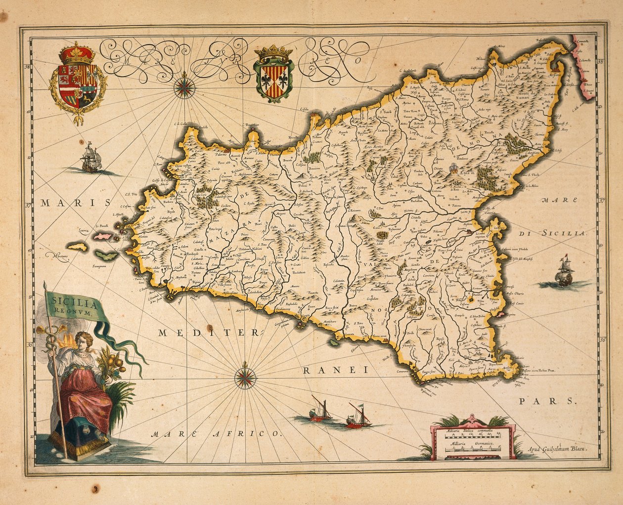 Mapa de Sicilia, de Willem Blaeu, de Regionum Italiae, grabado de Willem Blaeu