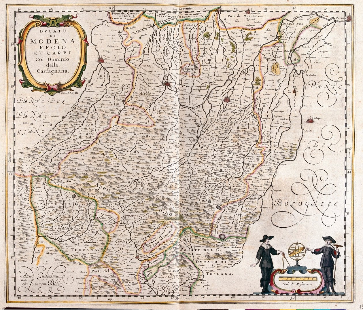 Módena, Reggio Emilia, Carpi, parte final de Garfagnana, Italia, en "Theatrum Orbis Terrarum, sive Atlas Novus" de Willem Blaeu, Amsterdam. de Willem Blaeu