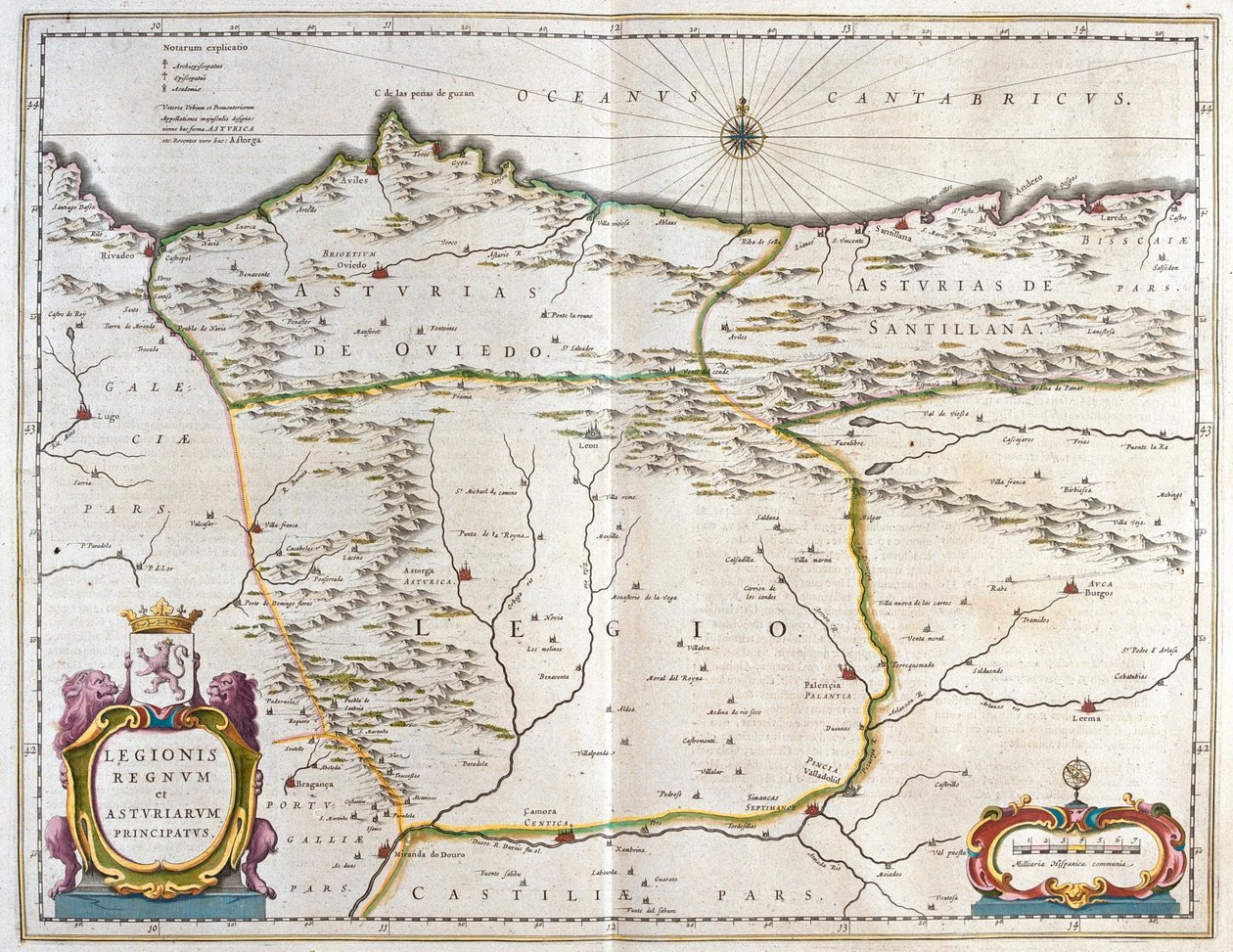 Provincia española de Asturias, Castilla y León, incluidas las ciudades de Oviedo, León, Santander y Valladolid, en "Theatrum Orbis Terrarum, sive Atlas Novus" de Willem Blaeu, Amsterdam. de Willem Blaeu
