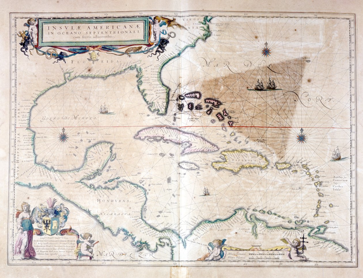 El mar Caribe: se puede ver el triángulo de las Bermudas entre el Archipiélago de las Bermudas, Miami y Puerto Rico. Según el Atlas de Wilhelm Blaeu de Willem Blaeu