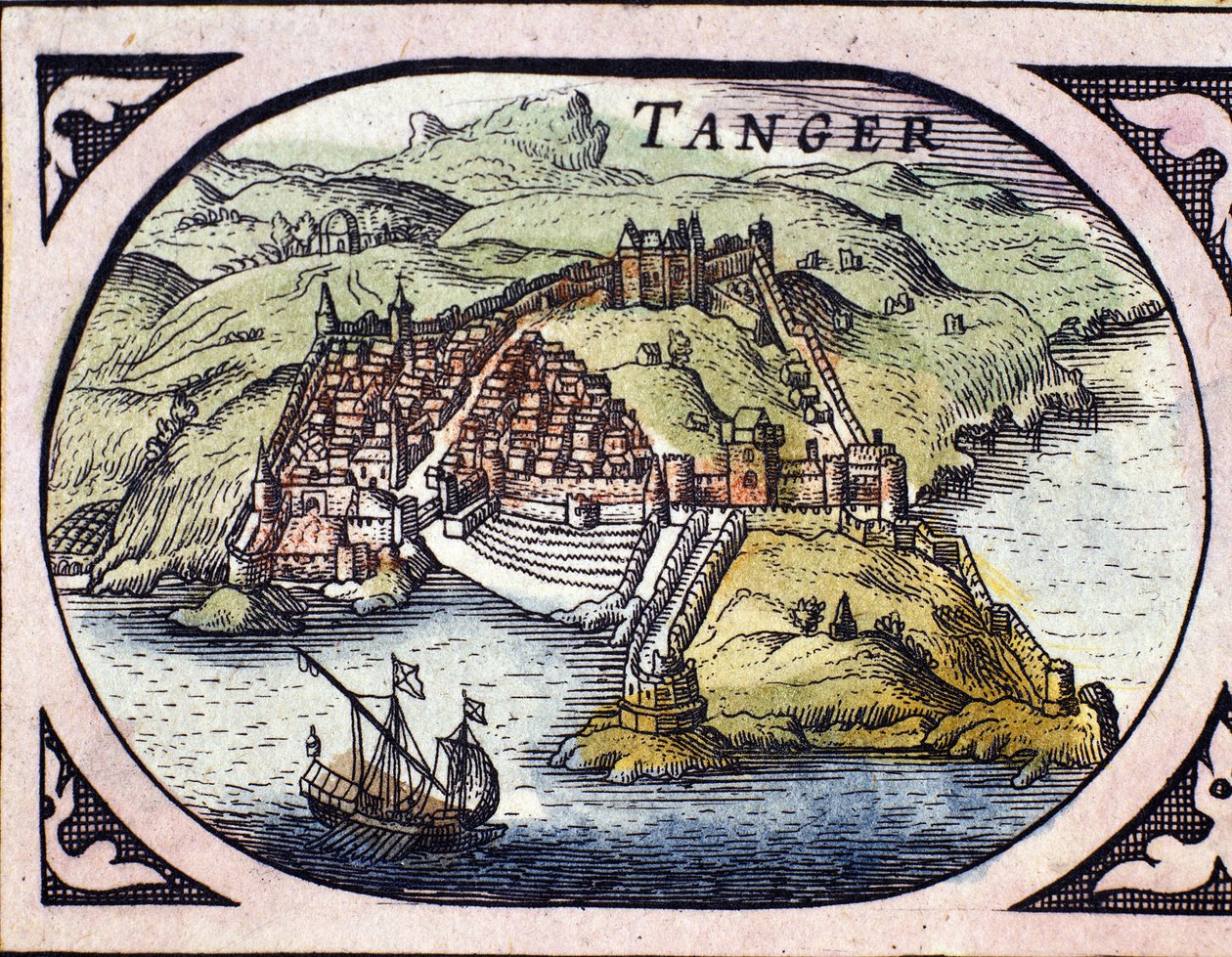 Vista de la ciudad fortificada de Tánger y la costa, Marruecos. Mapa del Atlas holandés por W. G. Blaeu, Ámsterdam de Willem Blaeu