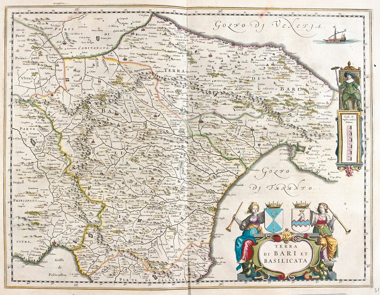 ciudad de Bari y Basilicata, Italia, en "Theatrum Orbis Terrarum, sive Atlas Novus" de Willem Blaeu, Amsterdam. de Willem Blaeu