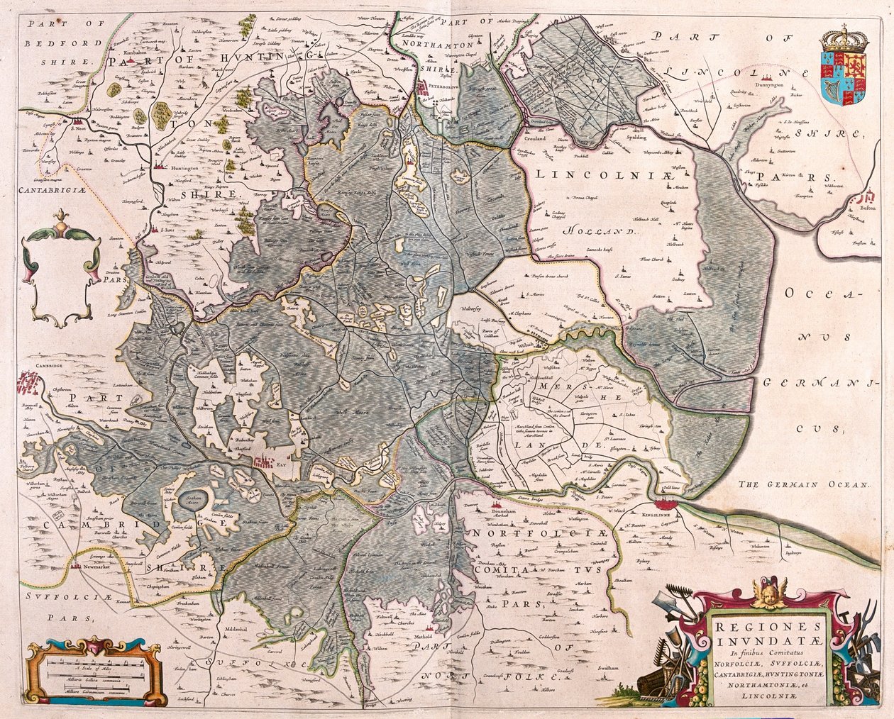 zonas inundadas" de Norfolk, Suffolk, Huntington, Northampton Cambridge y Lincoln, en "Theatrum Orbis Terrarum, sive Atlas Novus" de Willem Blaeu, Amsterdam. de Willem Blaeu