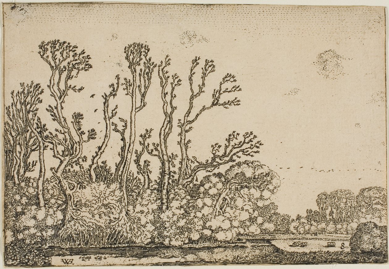 Paisaje con árboles, estanque y ovejas de Willem Buytewech