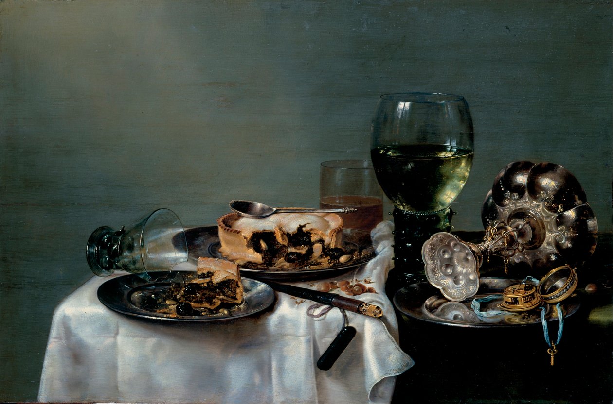 Naturaleza muerta de mesa de desayuno con tarta de moras de Willem Claesz. Heda