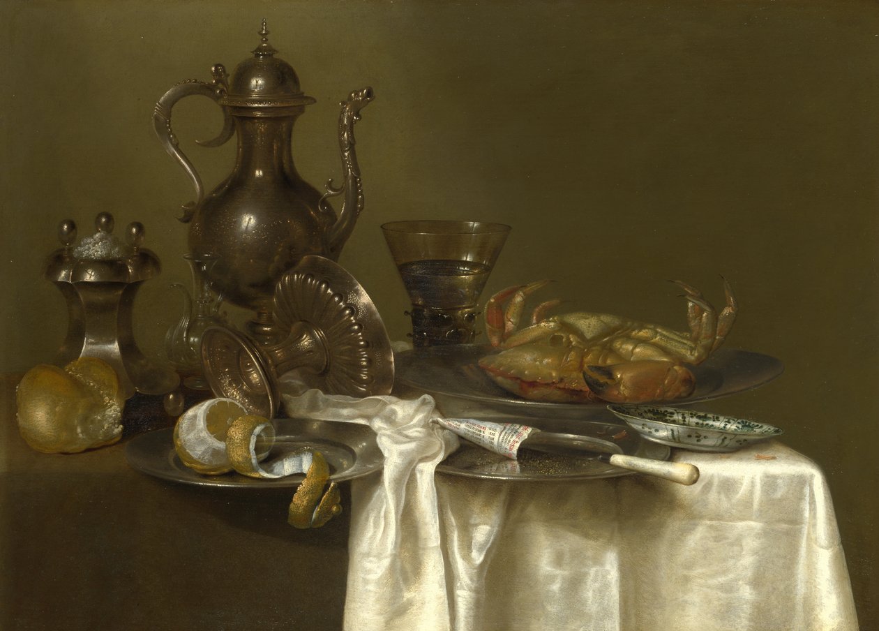 Naturaleza muerta: Vasijas de peltre y plata y un cangrejo, ca 1636 de Willem Claesz. Heda