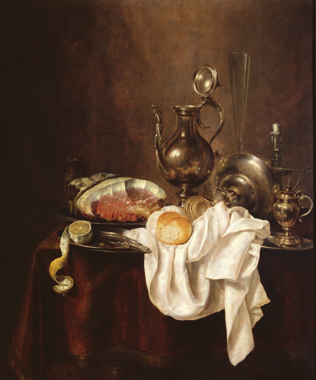 Bodegón de jamón y plato de plata de Willem Claesz. Heda