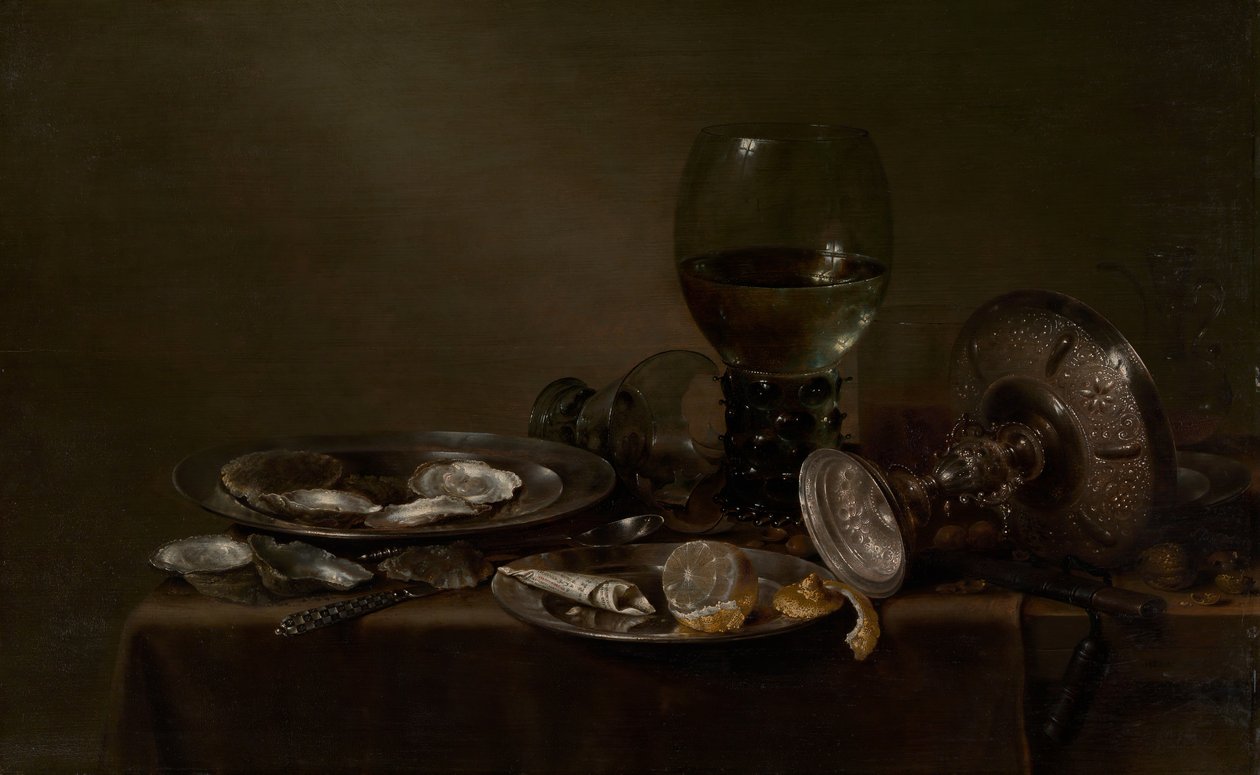 Naturaleza Muerta con Ostras, una Taza de Plata y Cristalería, 1635 de Willem Claesz. Heda
