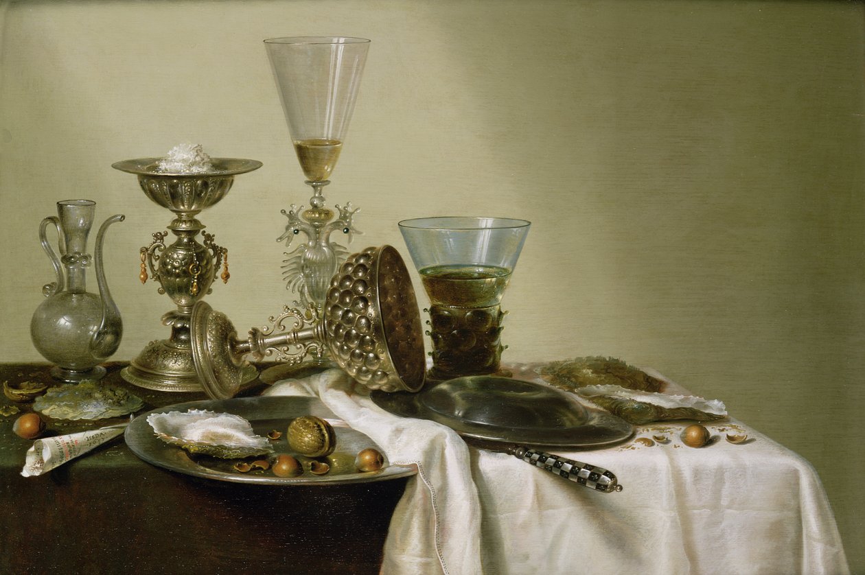 Naturaleza muerta con ostras y nueces de Willem Claesz. Heda