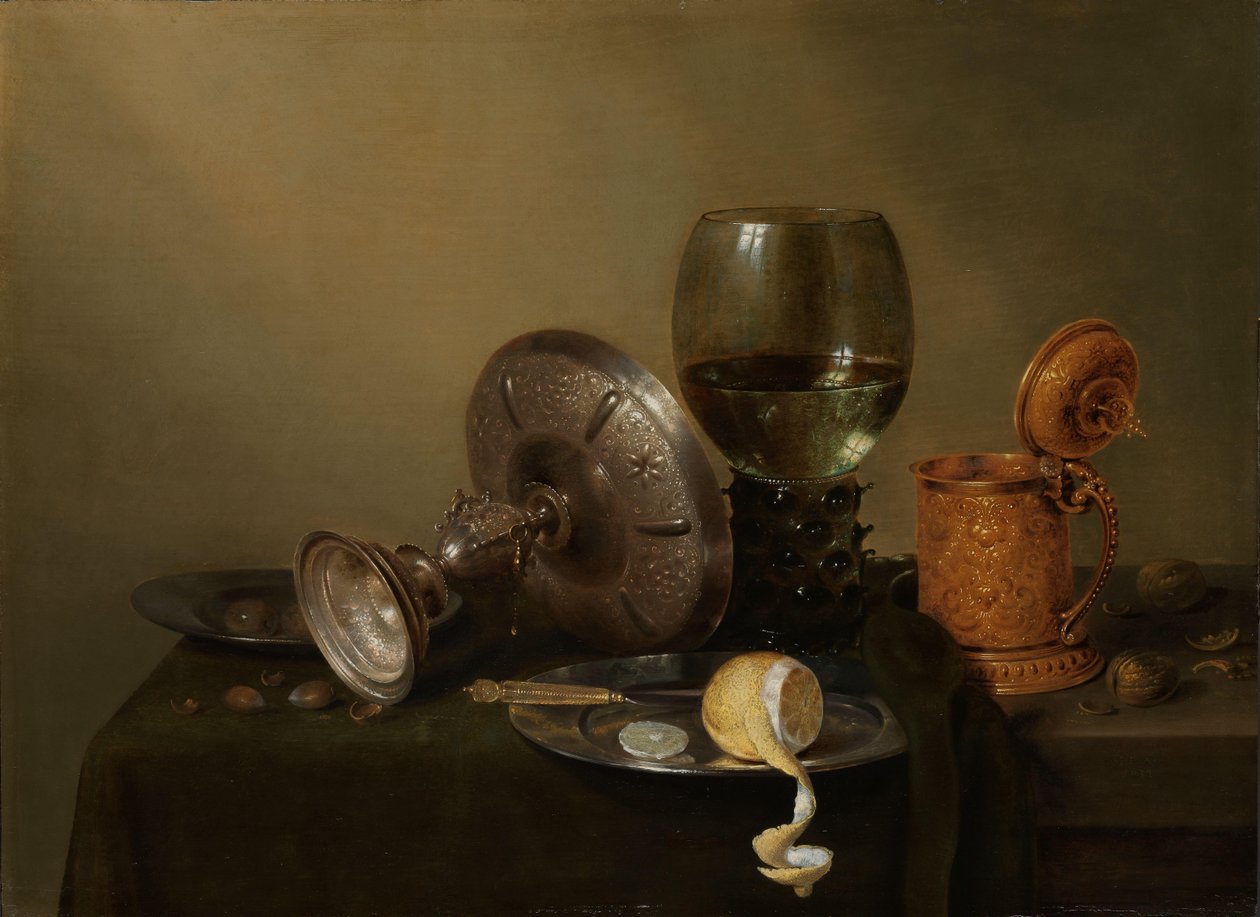 Naturaleza muerta con una jarra de cerveza dorada de Willem Claesz. Heda