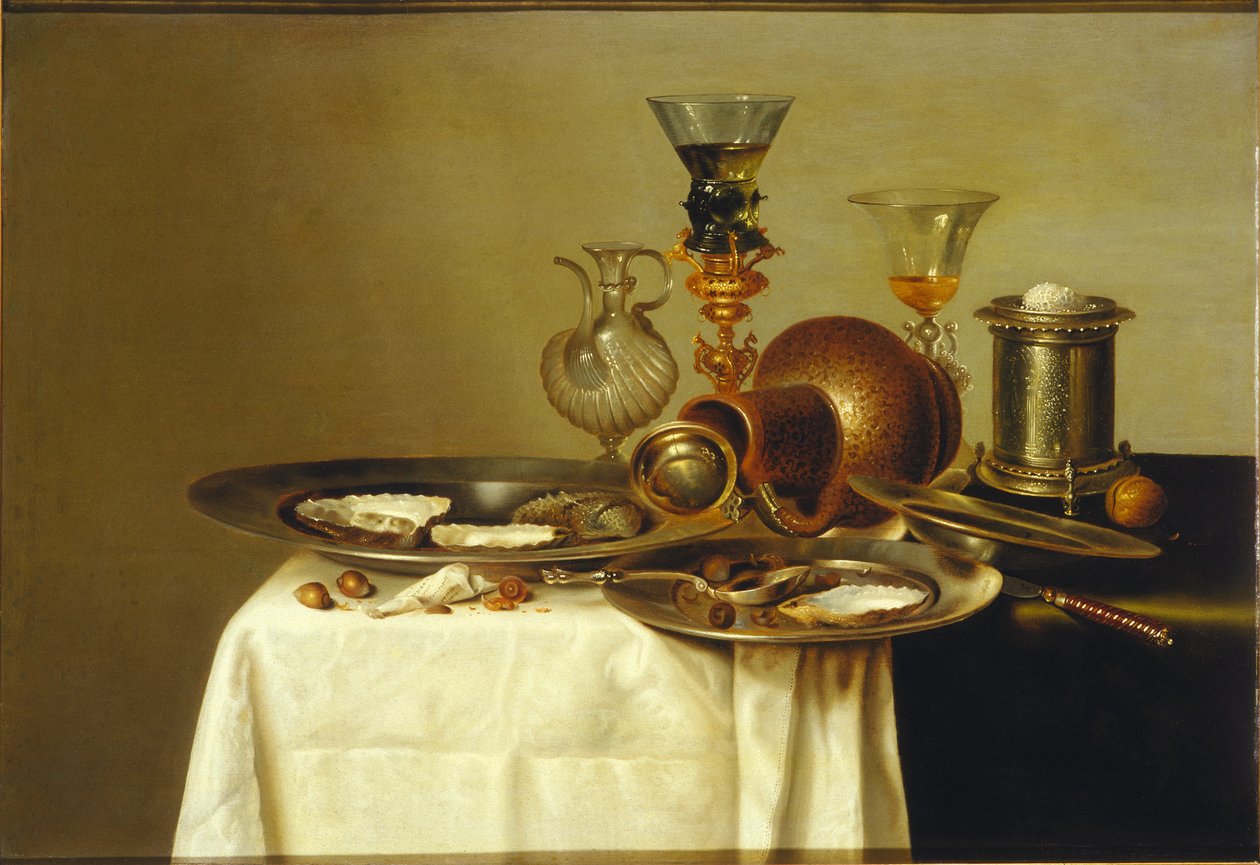 Naturaleza muerta con un roemer en un soporte dorado, loza y ostras, 1637 de Willem Claesz. Heda