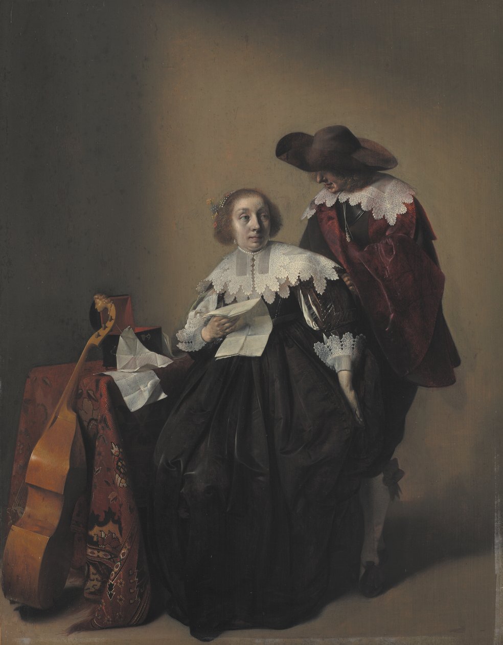 Una mujer sentada con una carta, un caballero de pie a su lado de Willem Cornelisz Duyster