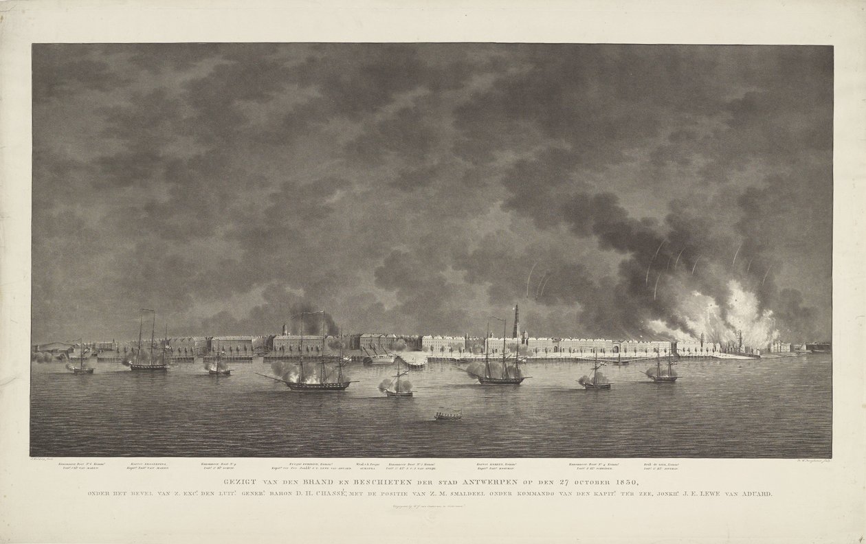 Vista de la Marca y Fusilamiento de la Ciudad de Amberes el 27 de octubre de 1830, bajo el mando de Z. Exc.e Luit.t Gener.l Baron D.H. chasis; con la posición de S.M. Escuadrón al mando del Capitán de Mar, Jonkh.r J.E. Lewe van Aduard (título en obj de Willem Hendrik Hoogkamer