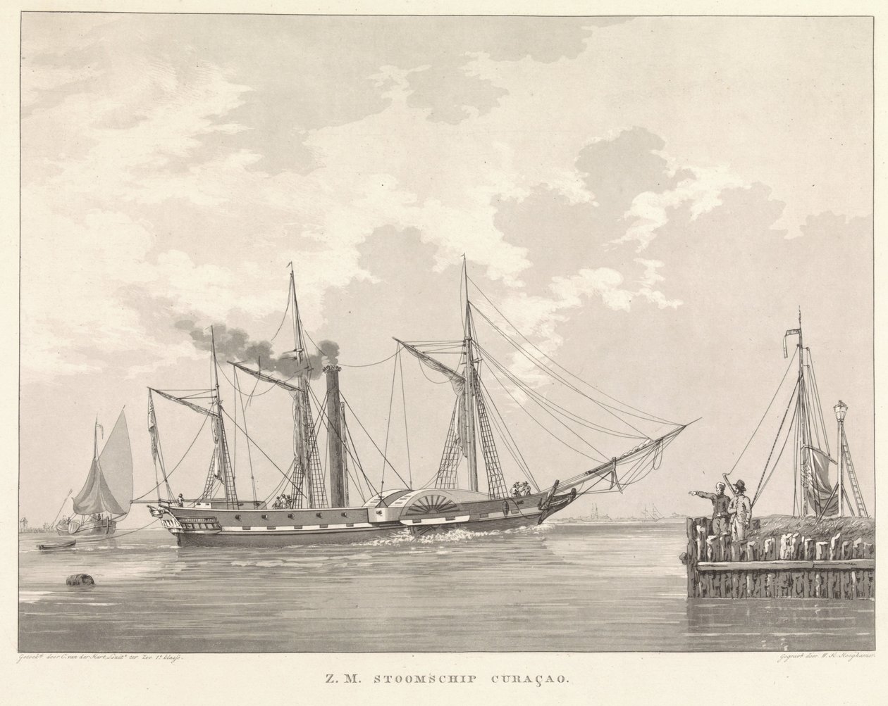 Barco de vapor en un muelle Z.M. Steamship Curaçao (título sobre el objeto) de Willem Hendrik Hoogkamer