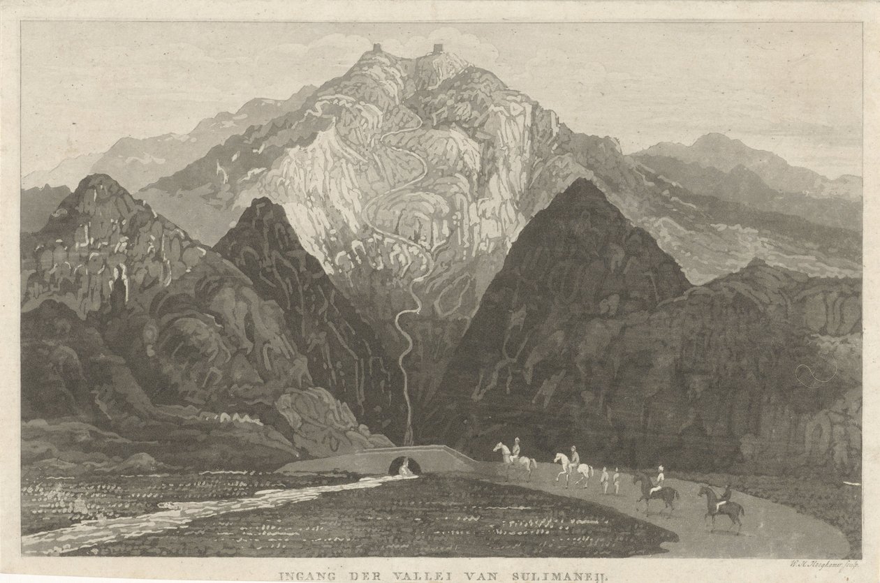 Viajeros de montaña Entrada al valle de Sulimaneij (título sobre objeto) de Willem Hendrik Hoogkamer