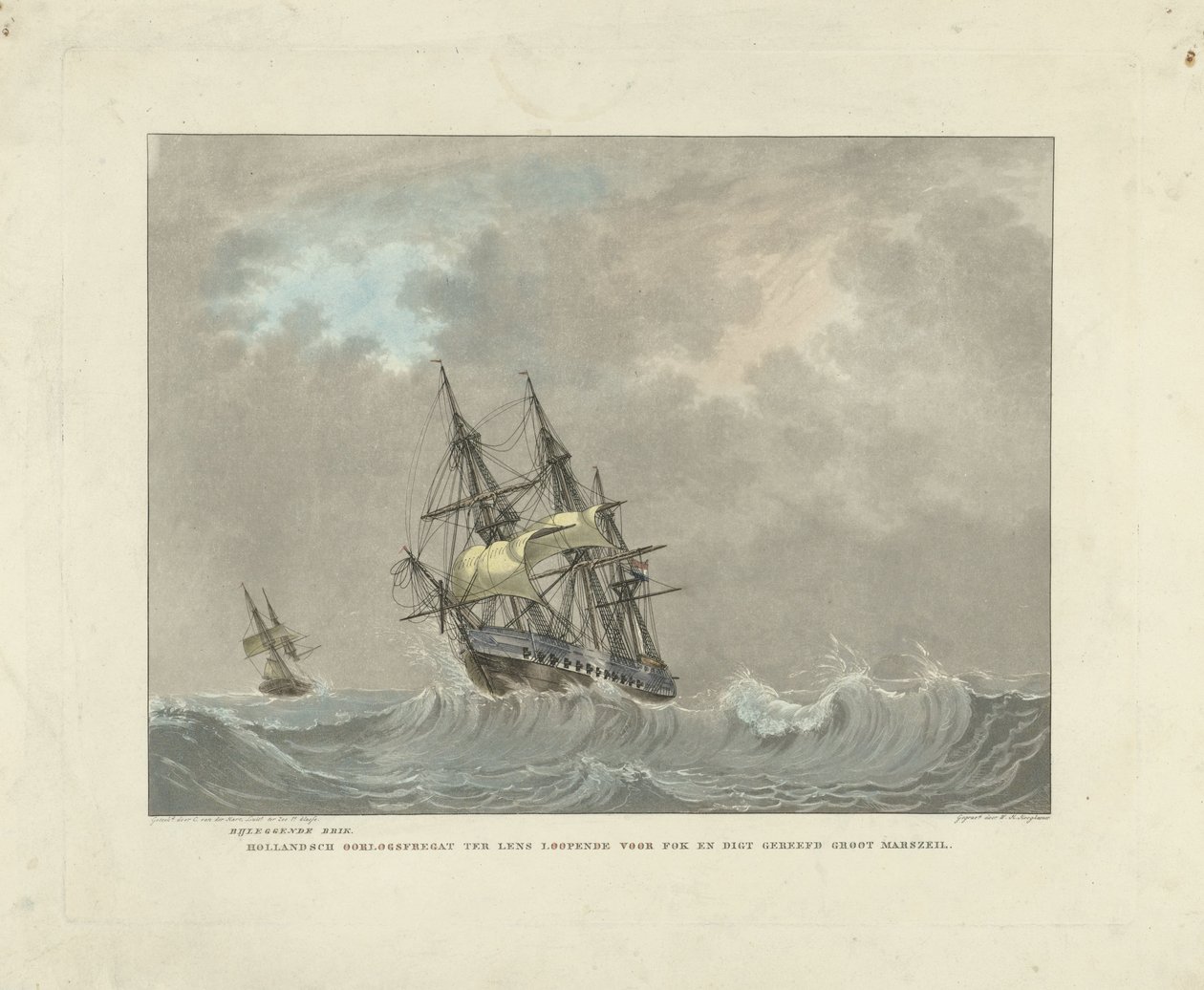 Velero en olas altas Adición de ladrillo. Fragata de guerra holandesa en busca de foque y mansail grande con rizos cerrados (título sobre el objeto) de Willem Hendrik Hoogkamer