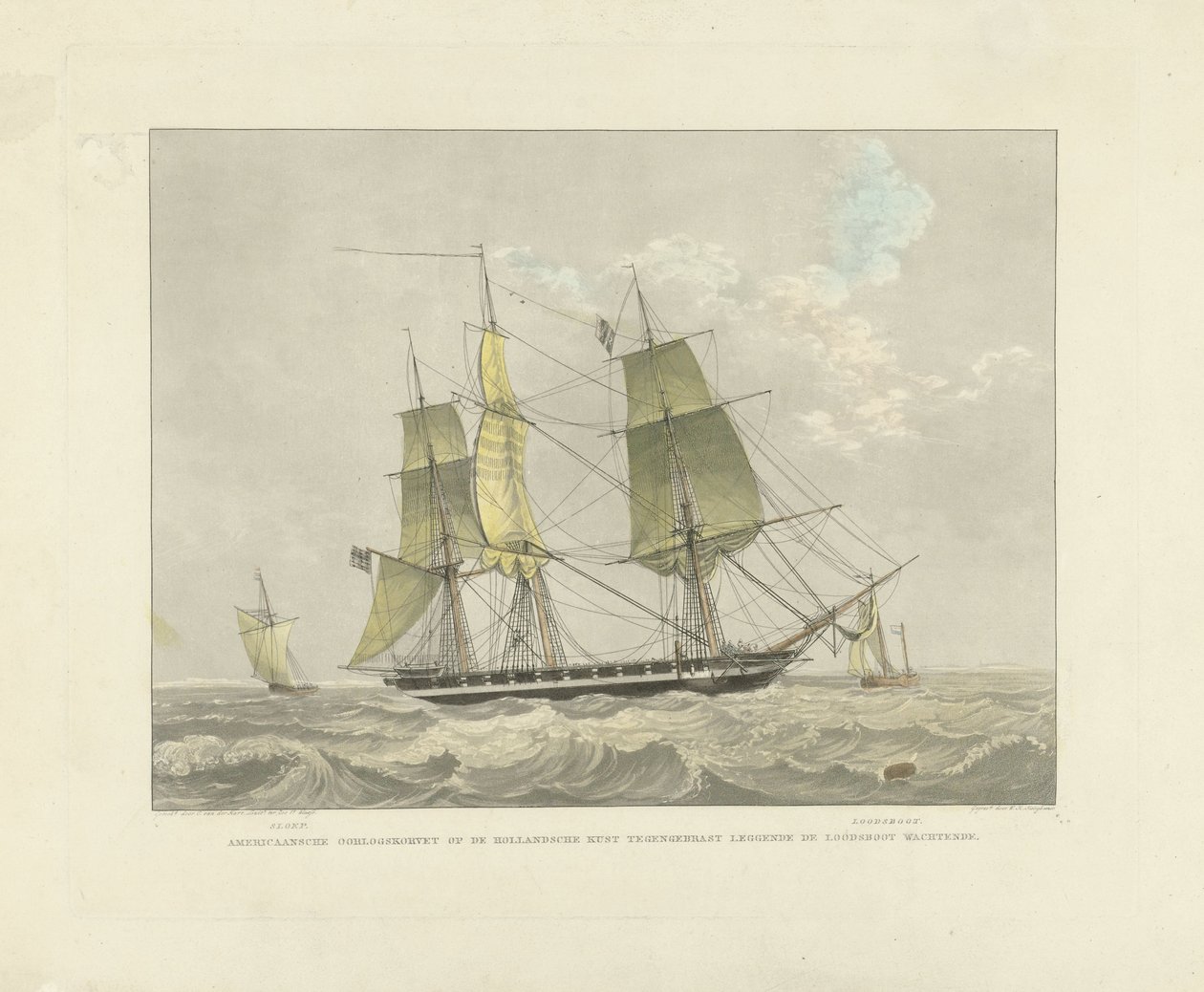 Barco de vela, balandro y barco piloto en el agua Corbeta de guerra estadounidense contra la costa holandesa poniendo el barco piloto esperando (título sobre objeto) de Willem Hendrik Hoogkamer