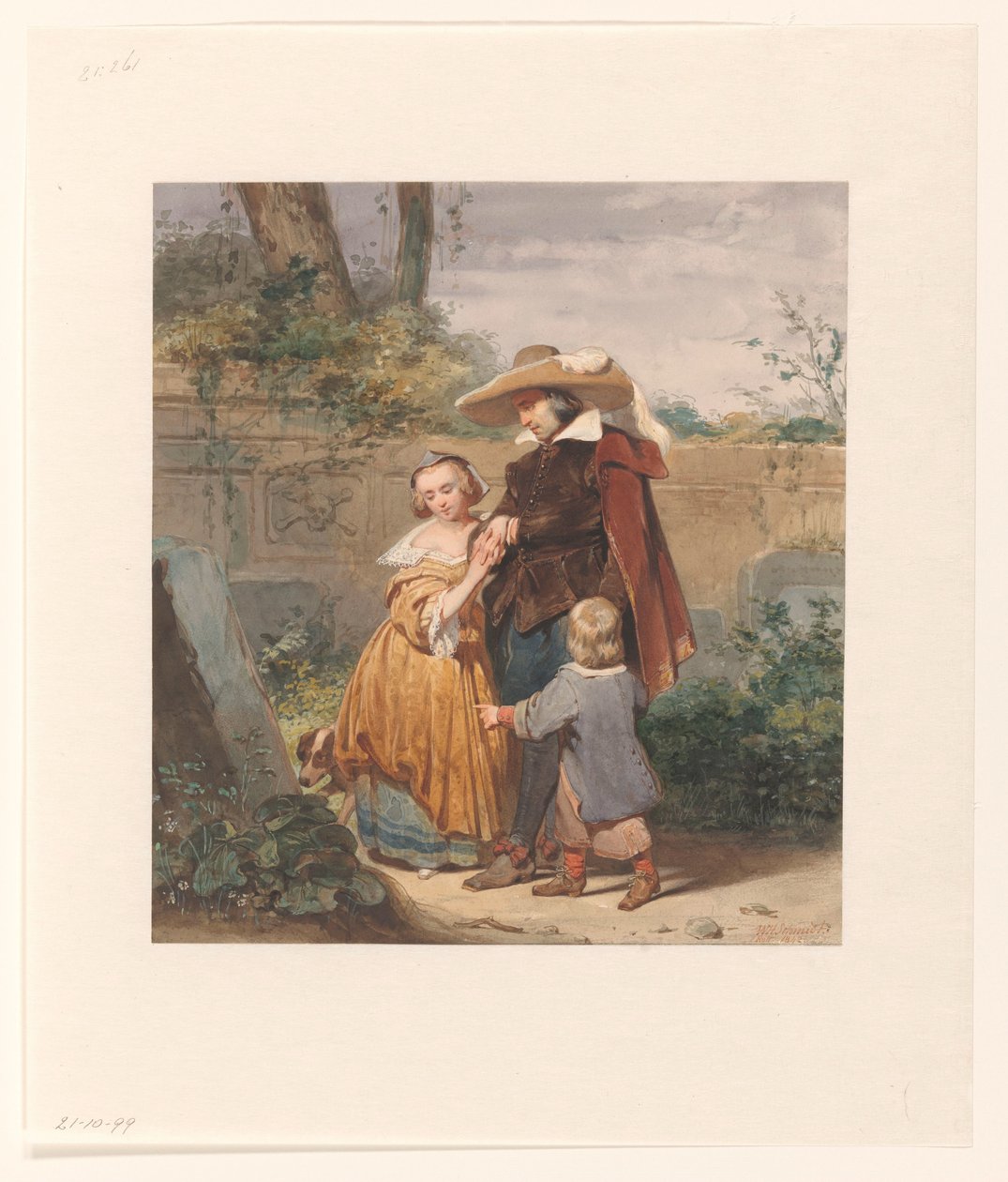 Un padre con dos hijos en la tumba de la madre de Willem Hendrik Schmidt