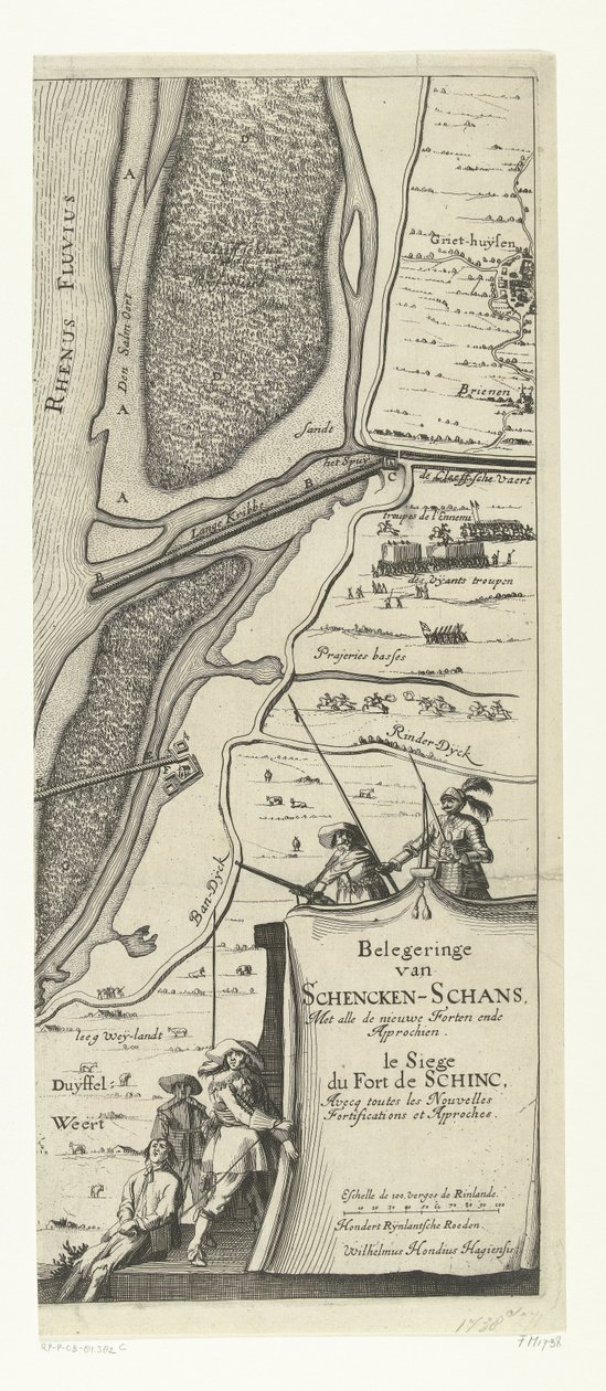 Beleg van Schenckenschans (página derecha), 1635 Asedio de Schencken-Schans, con todos los nuevos fuertes y accesos de Willem Hondius