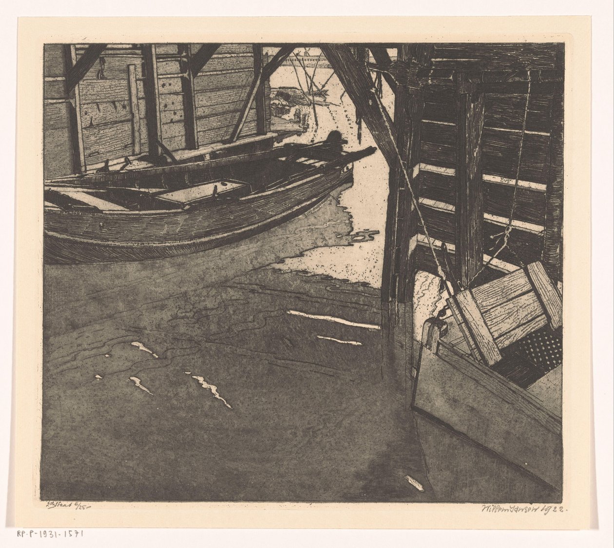 Interior de una barcaza con tarjeta de pescado y una barcaza con tarjeta de pescado incorporada de Willem Jansen (graveur) (signed by artist)
